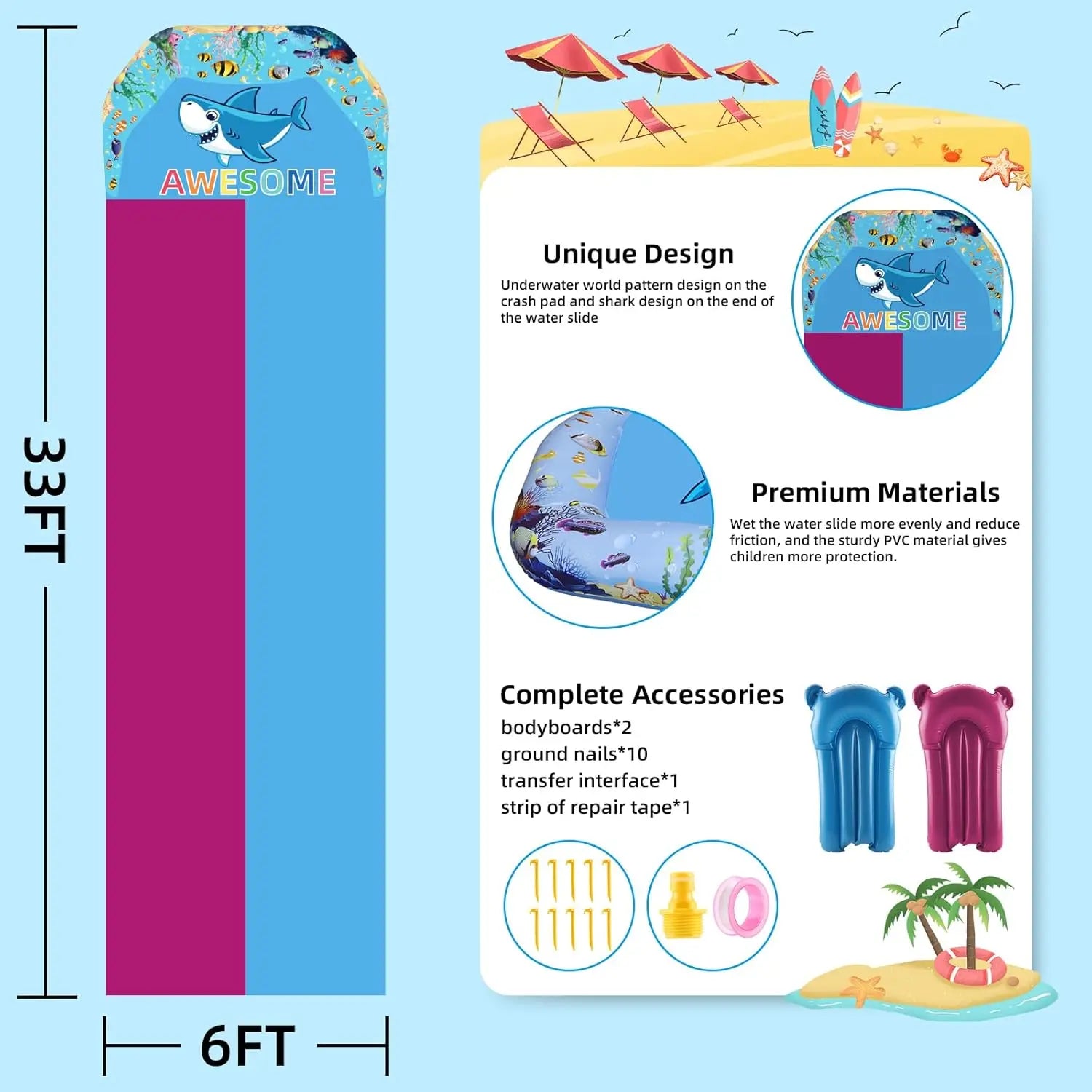 33 FT Extra Long Double Lawn Water Slide for Kids & Adults - Homebound Essentials