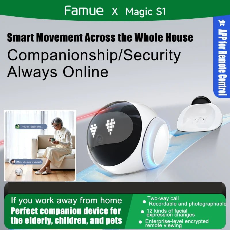 Famue S1 Home Monitoring Robot | APP Control & Two - Way Talk | Care for Elderly/Child & Pet | Photo/Video & Playback UP to 512G - Homebound Essentials
