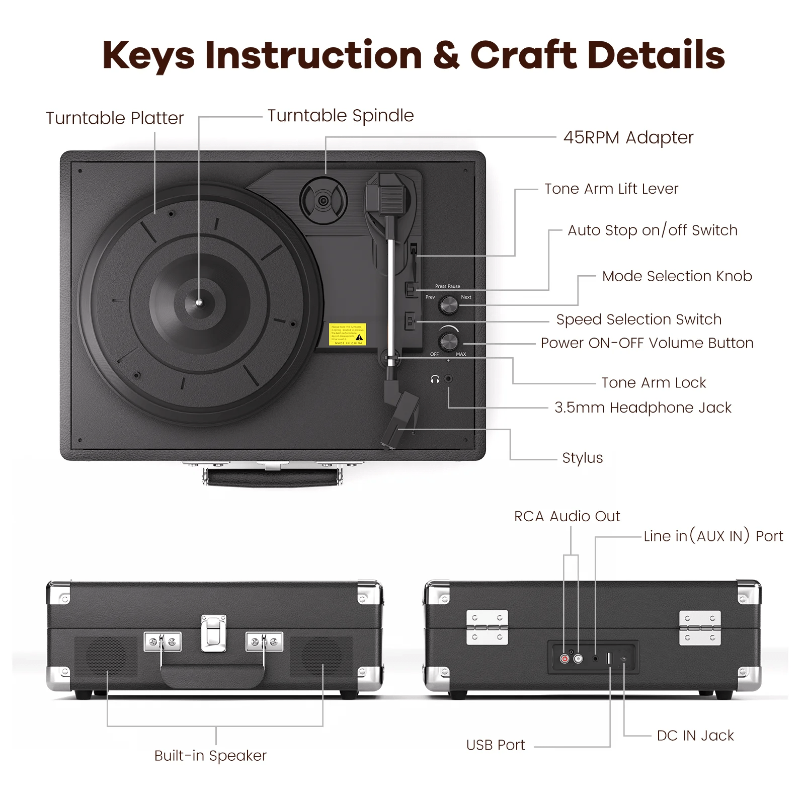 Maio Vintage Gramophone: Belt - Driven Turntable with Built - in Speakers - Homebound Essentials