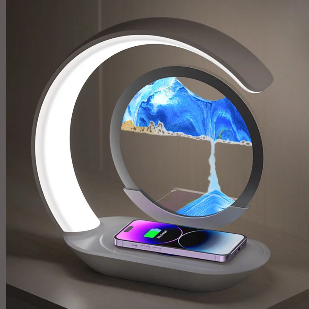 Quicksand Table Lamp with Wireless Charging – 3D Hourglass Sand Painting Night Light - Homebound Essentials