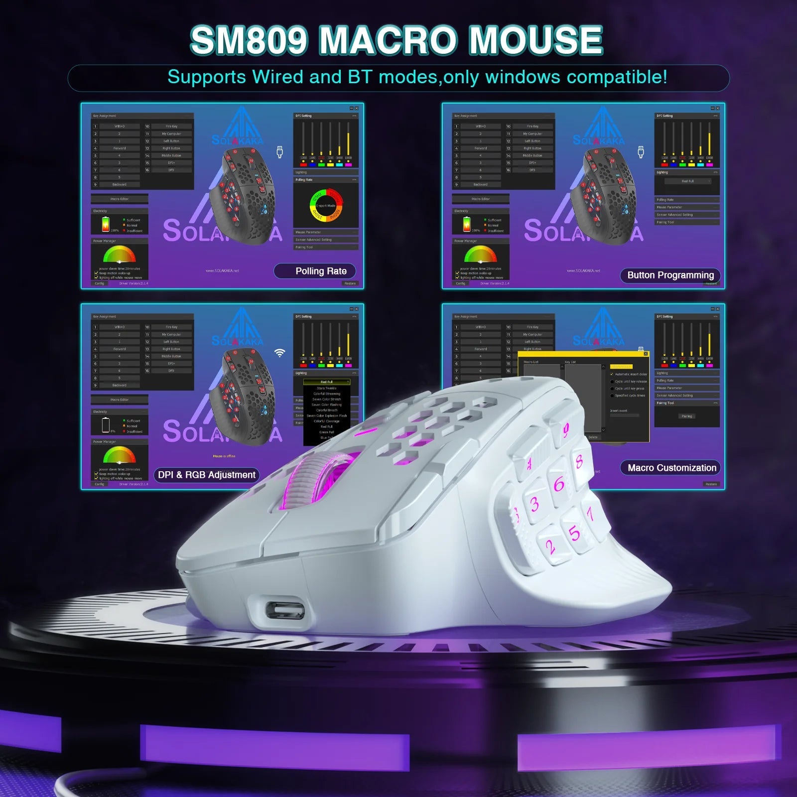 SM809 Pro Wireless MMO Gaming Mouse 16 Side Buttons 24000 DPI RGB Honeycomb Programmable Macro Wireless mouse - Homebound Essentials