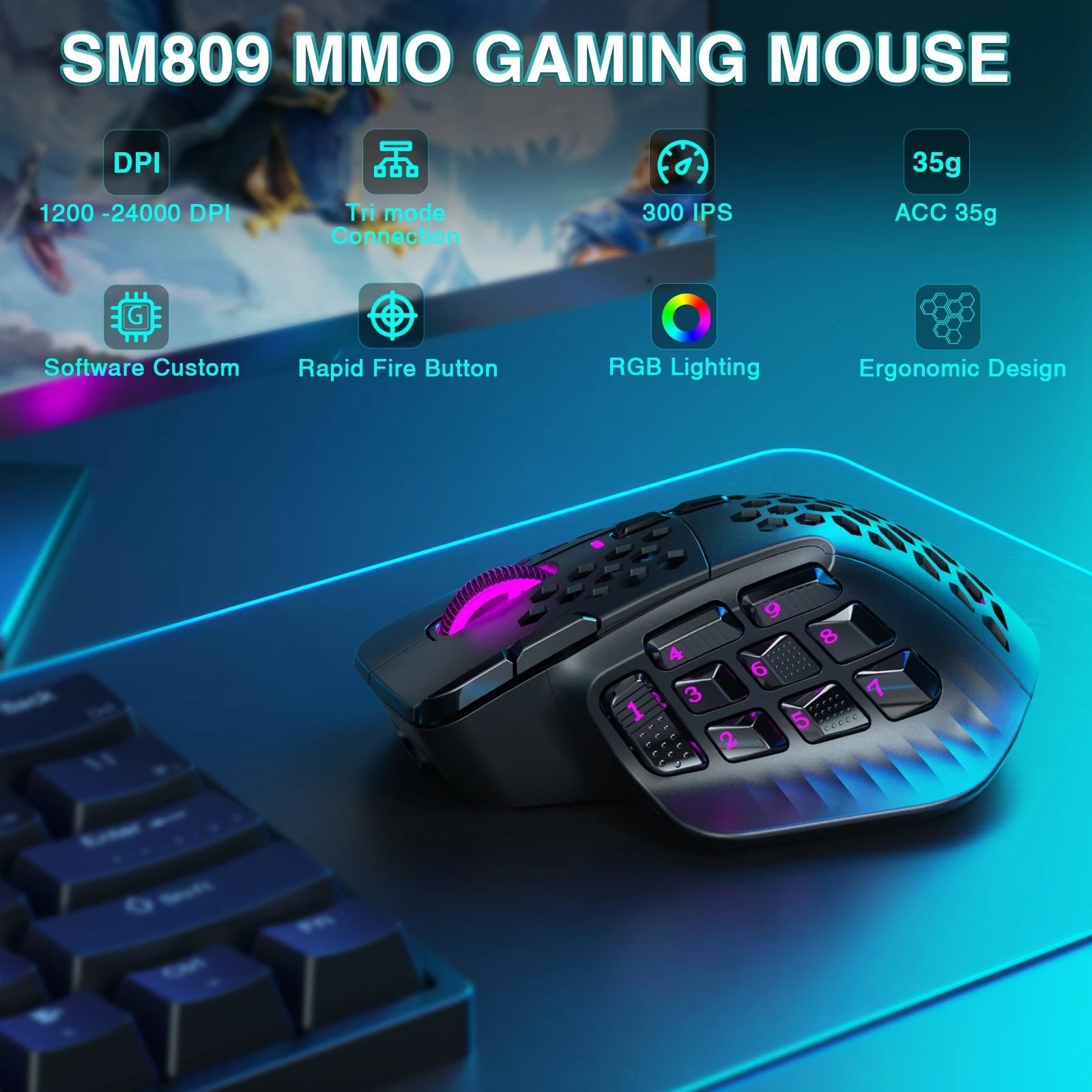 SM809 Pro Wireless MMO Gaming Mouse 16 Side Buttons 24000 DPI RGB Honeycomb Programmable Macro Wireless mouse - Homebound Essentials