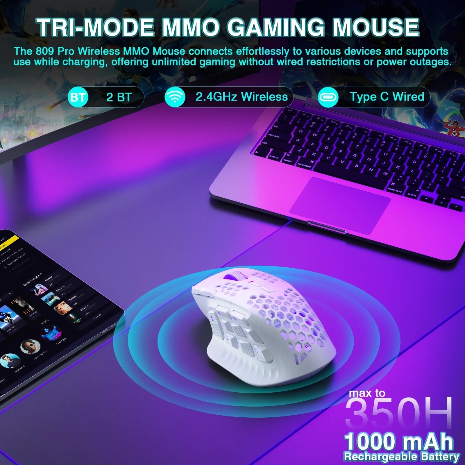 SM809 Pro Wireless MMO Gaming Mouse 16 Side Buttons 24000 DPI RGB Honeycomb Programmable Macro Wireless mouse - Homebound Essentials