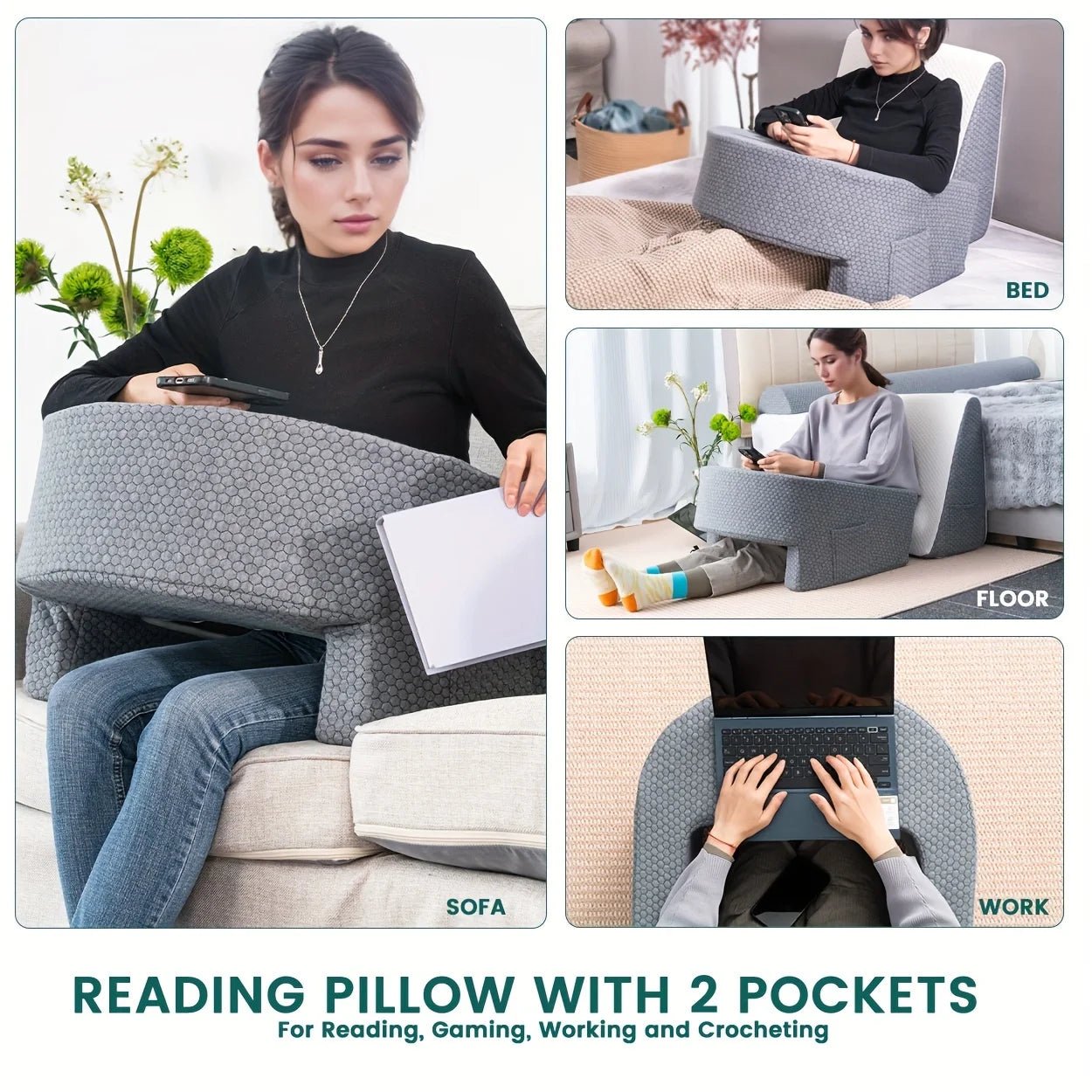 Soft Reading Pillow with Arm Rest | Lap Desk Pillow for Gaming, Working, Sitting on Floor or Sofa | Removable & Washable Cover - Homebound Essentials